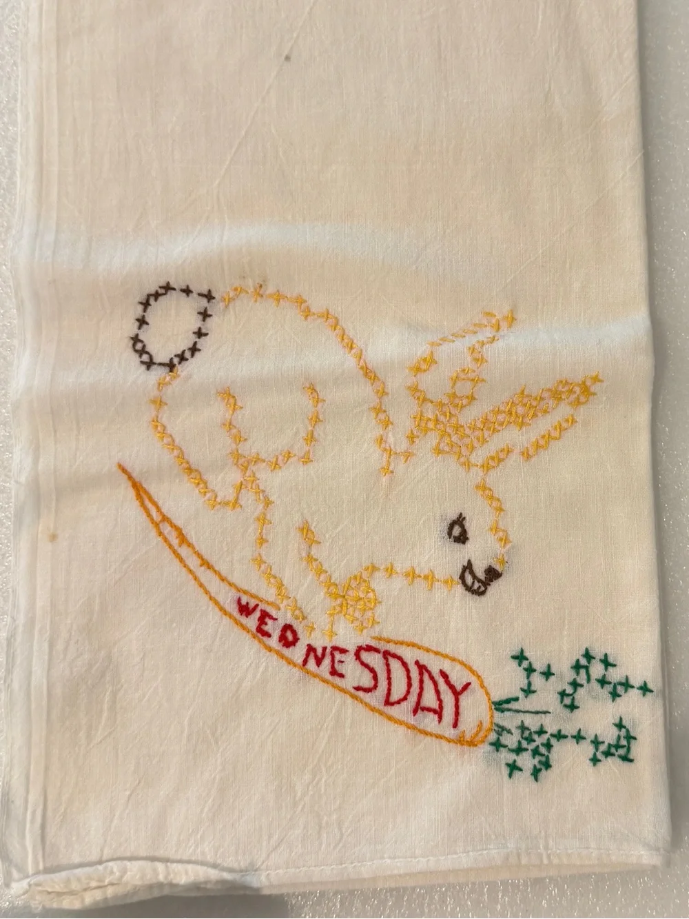 Set of 7 Embroidered Cotton Flour Sack Dish Towels Days of the Week Vintage